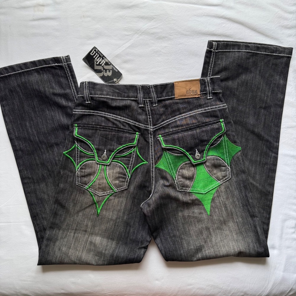 Ubug Mens Black Denim Jeans 34x34 NWT Vintage Y2K Wide Leg 90's Grunge Goth Punk